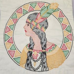 Antique 20's/30's Tinted Embroidery Native American Woman Pillow‎ Case